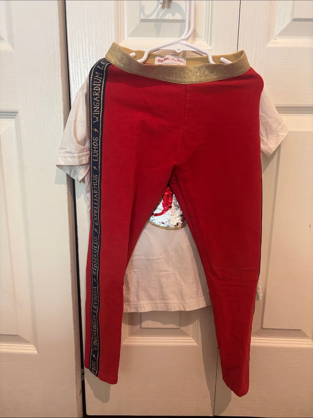 Mini Boden Red Leggings with Gold Waistband and Navy Side Stripe